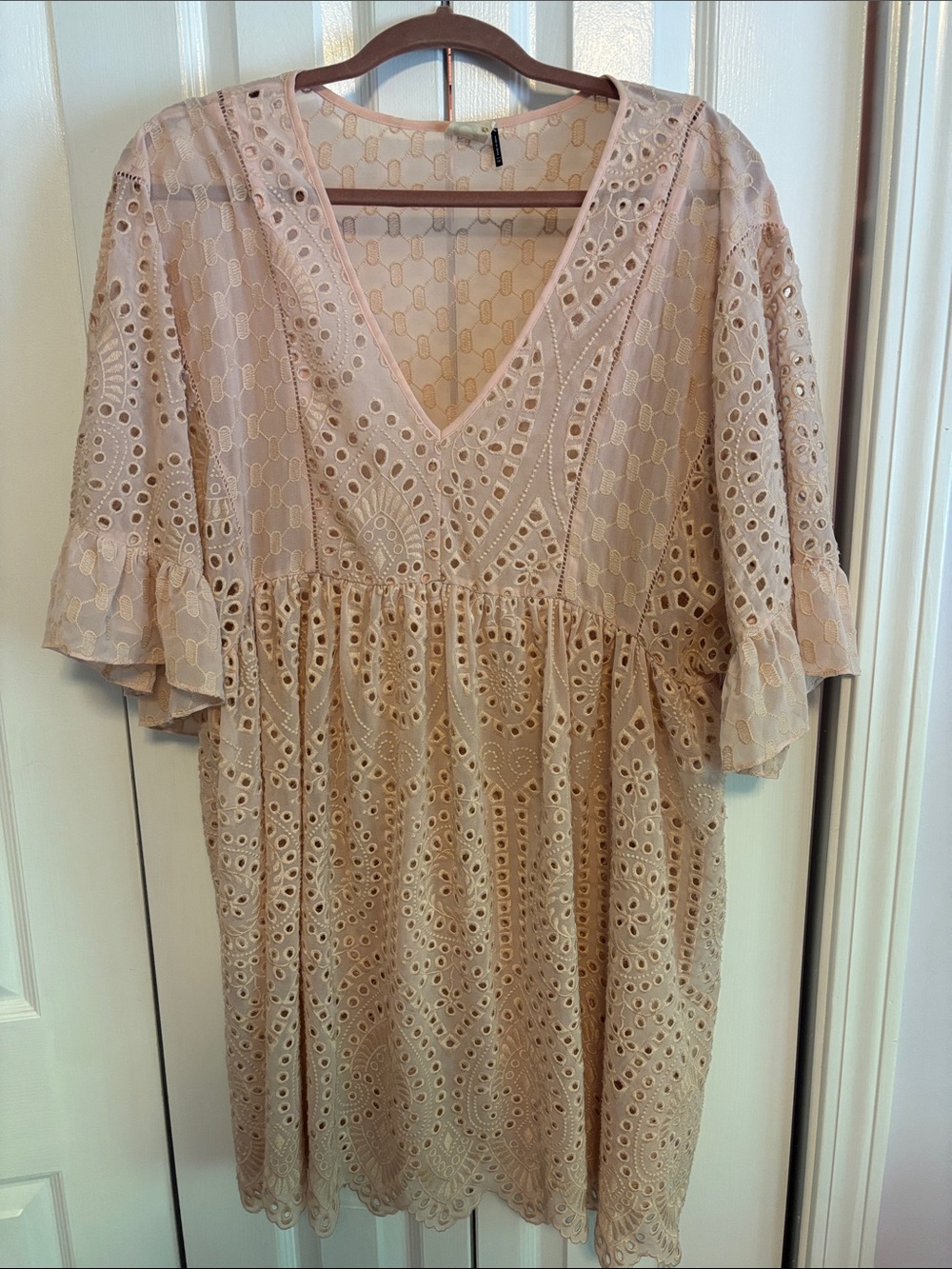 Akema + Kin Anthropologie Eyelet V-Neck Babydoll Mini Dress in Blush - Picture 3 of 4